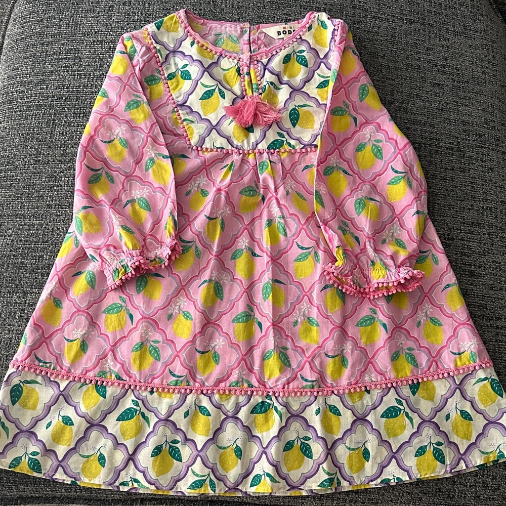 Mini Boden Pink Lemon-Print Tassel Dress